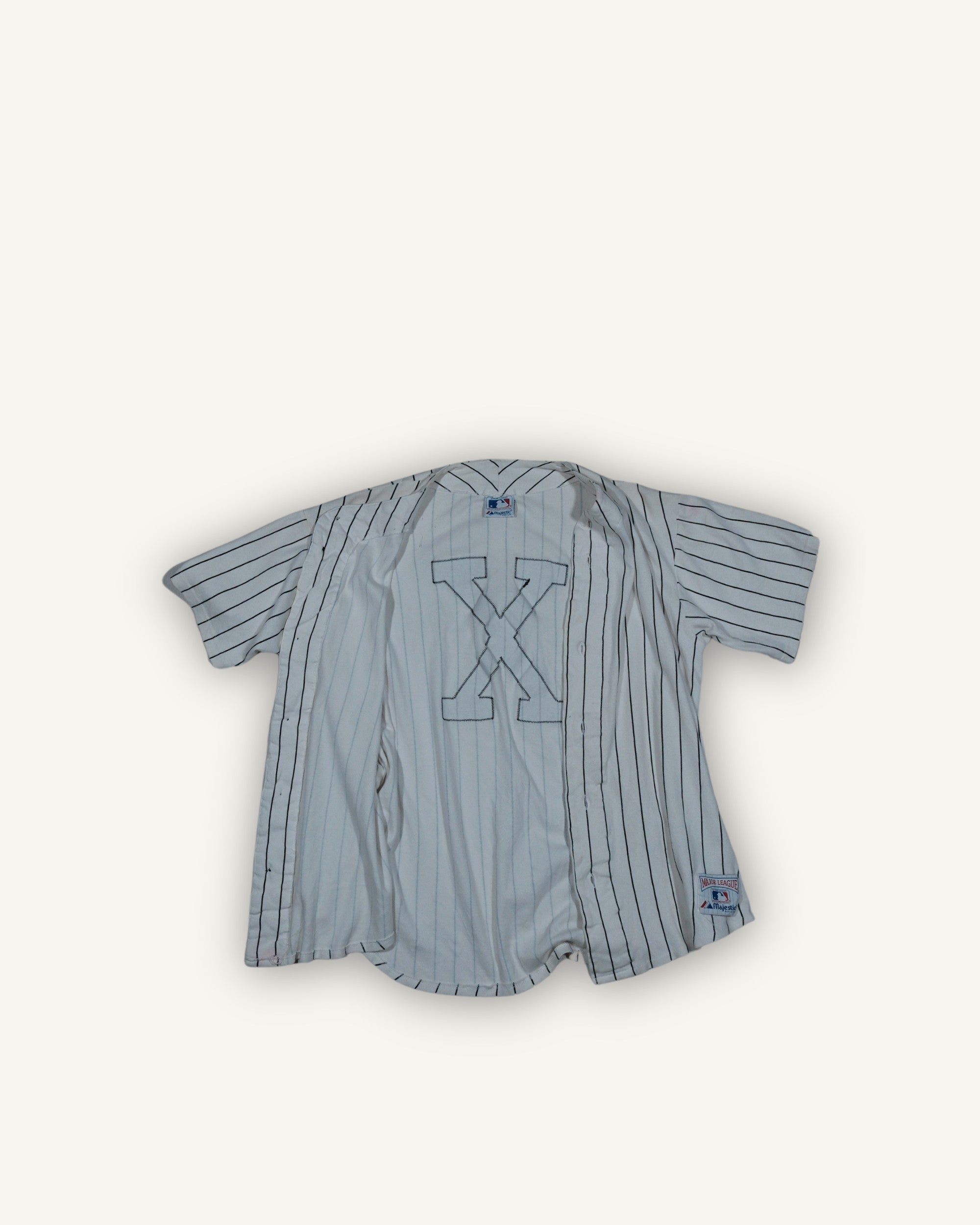 Camicia baseball Majestic MLB a righe con applicazione “X” – Made in USA