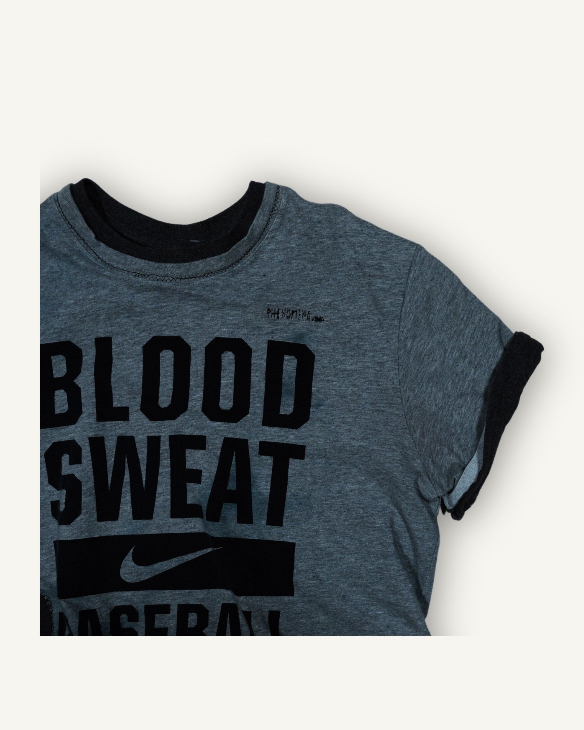 PHENOMENA Upcycled Nike Blood Sweat Baseball T-Shirt Grey Double Layer M