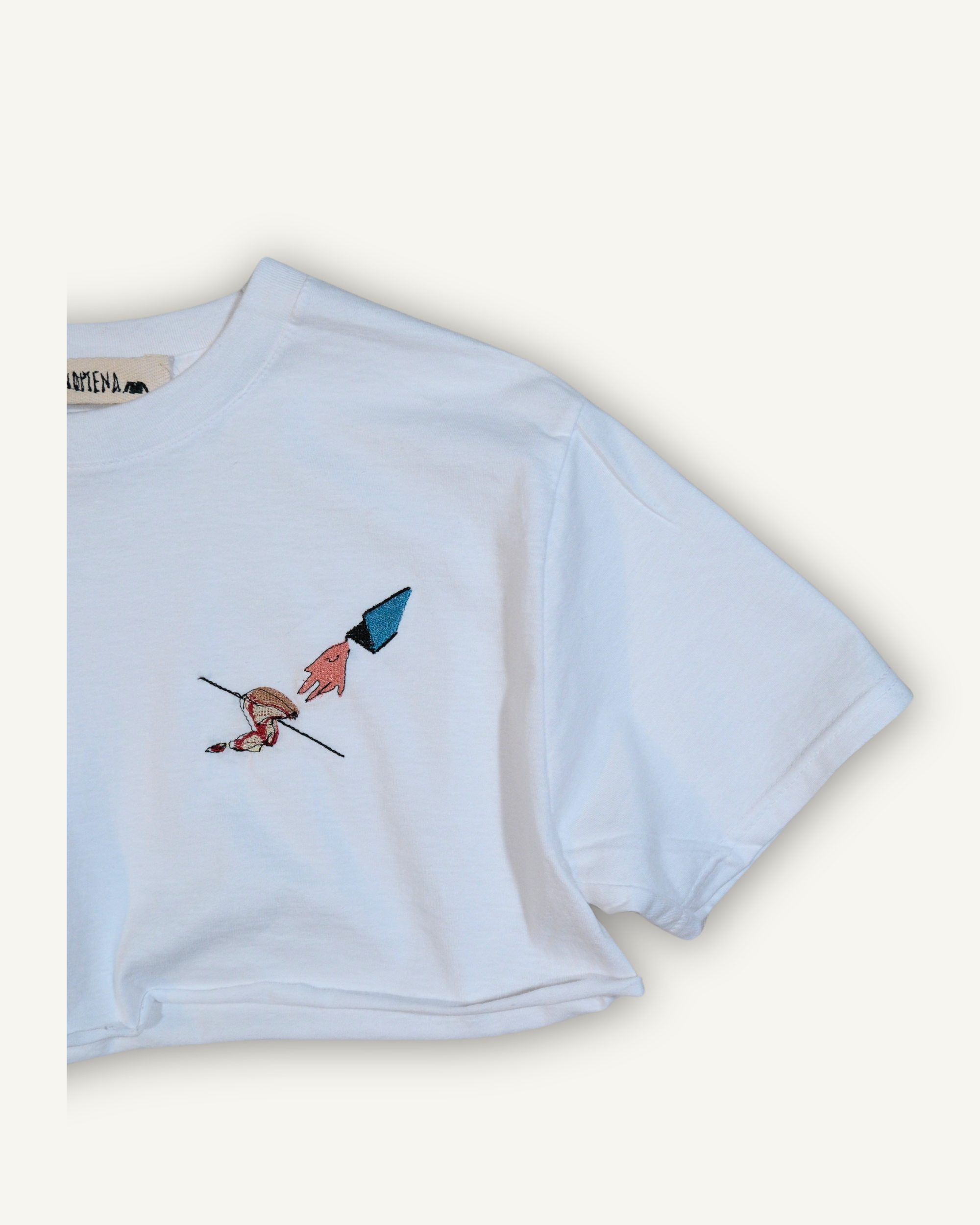 PHENOMENA Crop T-Shirt Ricamata Pizza Bianca